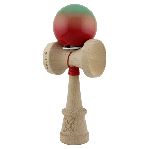 Kendama X Originala, Profesionala, Super Sticky cu Cupe Mari KING SIZE V3, Gaura in Baza, Rulment Metalic, din lemn 18 cm, Ata 62/65 cm, Gradient Verde/Portocaliu/Rosu [2]