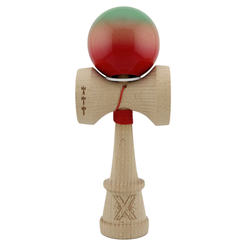 Kendama X Originala, Profesionala, Super Sticky cu Cupe Mari KING SIZE V3, Gaura in Baza, Rulment Metalic, din lemn 18 cm, Ata 62/65 cm, Gradient Verde/Portocaliu/Rosu [1]