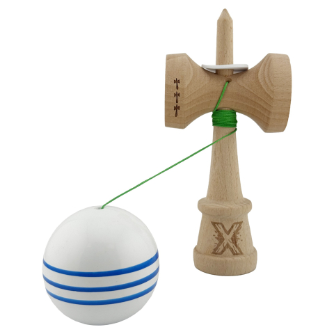 Kendama X Originala, Profesionala, Super Sticky cu Cupe Mari KING SIZE V3, Gaura in Baza, Rulment Metalic, din lemn 18 cm, Ata 62/65 cm, Special Alb/Albastru [3]