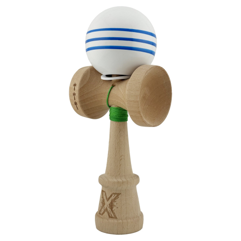 Kendama X Originala, Profesionala, Super Sticky cu Cupe Mari KING SIZE V3, Gaura in Baza, Rulment Metalic, din lemn 18 cm, Ata 62/65 cm, Special Alb/Albastru [2]