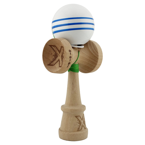 Kendama Super Sticky V3 Cupe Mari - Kendama X Originala, Profesionala, Super Sticky cu Cupe Mari KING SIZE V3, Gaura in Baza, Rulment Metalic, din lemn 18 cm, Ata 62/65 cm, Special Alb/Albastru