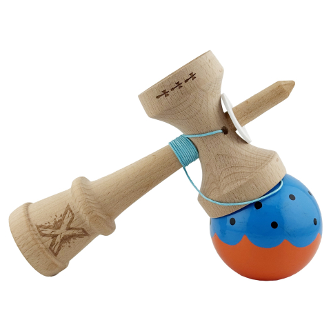 Kendama X Originala, Profesionala, Super Sticky cu Cupe Mari KING SIZE V3, Gaura in Baza, Rulment Metalic, din lemn 18 cm, Ata 62/65 cm, Special Albastru/Portocaliu [3]