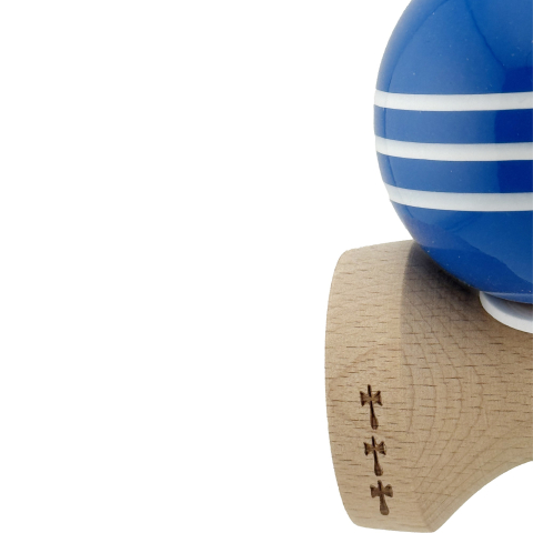 Kendama X Originala, Profesionala, Super Sticky cu Cupe Mari KING SIZE V3, Gaura in Baza, Rulment Metalic, din lemn 18 cm, Ata 62/65 cm, Special Albastru/Alb [7]