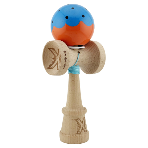Kendama Super Sticky V3 Cupe Mari - Kendama X Originala, Profesionala, Super Sticky cu Cupe Mari KING SIZE V3, Gaura in Baza, Rulment Metalic, din lemn 18 cm, Ata 62/65 cm, Special Albastru/Portocaliu