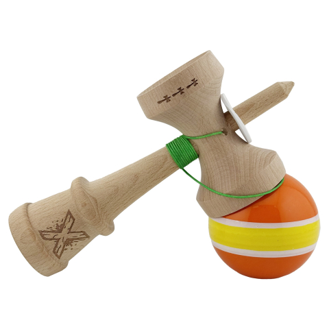 Kendama X Originala, Profesionala, Super Sticky cu Cupe Mari KING SIZE V3, Gaura in Baza, Rulment Metalic, din lemn 18 cm, Ata 62/65 cm, Special Portocaliu/Galben [4]