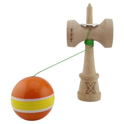 Kendama X Originala, Profesionala, Super Sticky cu Cupe Mari KING SIZE V3, Gaura in Baza, Rulment Metalic, din lemn 18 cm, Ata 62/65 cm, Special Portocaliu/Galben [3]
