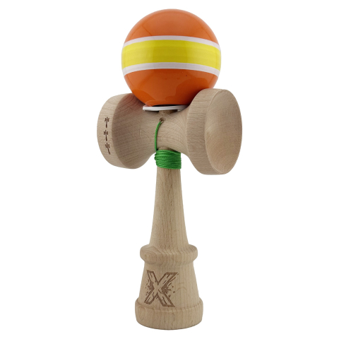 Kendama X Originala, Profesionala, Super Sticky cu Cupe Mari KING SIZE V3, Gaura in Baza, Rulment Metalic, din lemn 18 cm, Ata 62/65 cm, Special Portocaliu/Galben [2]