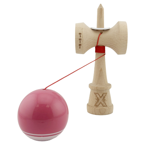 Kendama X Originala, Profesionala, Super Sticky cu Cupe Mari KING SIZE V3, Gaura in Baza, Rulment Metalic, din lemn 18 cm, Ata 62/65 cm, Special Roz/Alb [3]