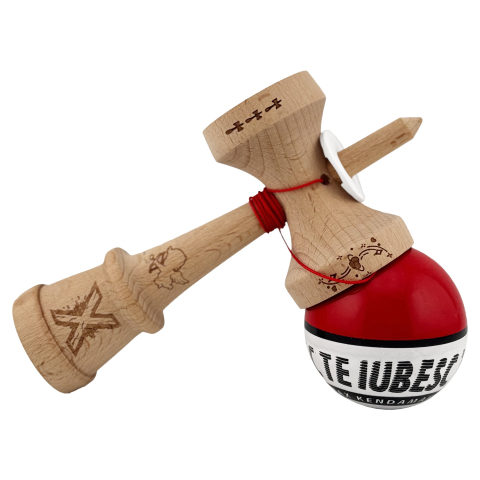 Kendama X TE IUBESC Originala, Profesionala, Flippy, Super Sticky cu Cupe Mari KING SIZE V3, Gaura in Baza, Rulment Metalic, din lemn 18 cm, Ata 62/65 cm, Rosu/Alb [4]
