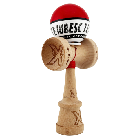 Kendama Super Sticky V3 Cupe Mari - Kendama X TE IUBESC Originala, Profesionala, Flippy, Super Sticky cu Cupe Mari KING SIZE V3, Gaura in Baza, Rulment Metalic, din lemn 18 cm, Ata 62/65 cm, Rosu/Alb