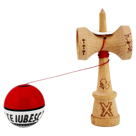 Kendama X TE IUBESC Originala, Profesionala, Flippy, Super Sticky cu Cupe Mari KING SIZE V3, Gaura in Baza, Rulment Metalic, din lemn 18 cm, Ata 62/65 cm, Rosu/Alb [3]