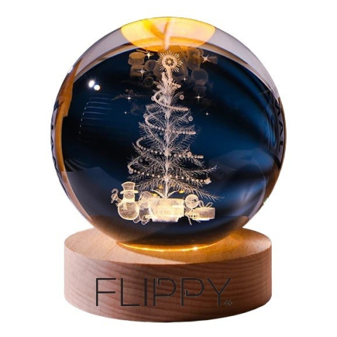 Articole pentru Iluminat - Lampa LED Decorativa, cu Bila de Cristal cu Diametru 6cm, Model Brad de Craciun 3D, Alimentare USB, Suport din Lemn, Lumina Alb Cald