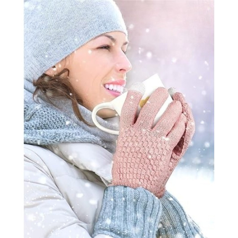 Manusi de Dama, Functie Touchscreen (ecran tactil), Material Acril Tricotat, Manseta Elastica, Interior Catifelat, Marime Universala, Roz [1]