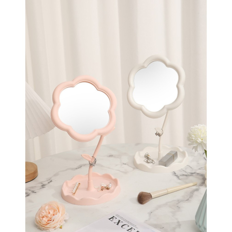 Oglindă de Machiaj pentru Birou, Rotativă, Detasabilă, Model de Floarea Soarelui, Suport pentru Inele, cu Depozitare, Alba [6]