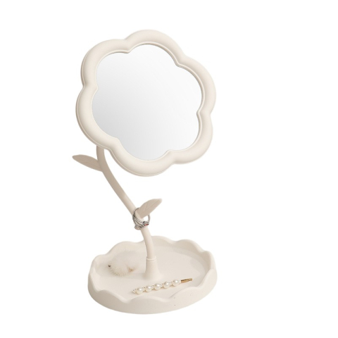 Accesorii Machiaj si Trimmere - Oglindă de Machiaj pentru Birou, Rotativă, Detasabilă, Model de Floarea Soarelui, Suport pentru Inele, cu Depozitare, Alba