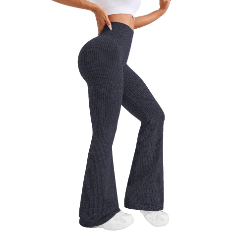 Fitness si sport - Pantaloni Sport de Dama, pentru Yoga, Talie Inalta, Evazati, Tricotati, Albastru Marin, Marime XL