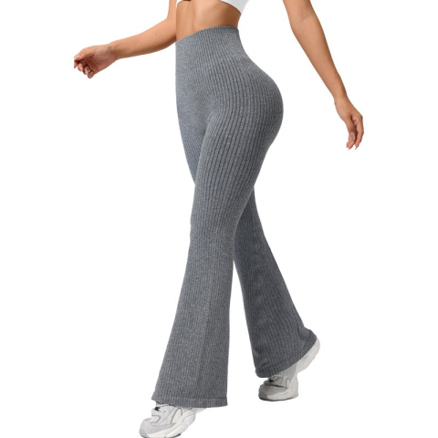 Fitness si sport - Pantaloni Sport de Dama, pentru Yoga, Talie Inalta, Evazati, Tricotati, Gri Deschis, Marime XS