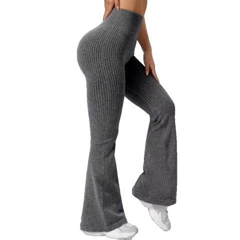 Fitness si sport - Pantaloni Sport de Dama, pentru Yoga, Talie Inalta, Evazati, Tricotati, Gri Inchis, Marime M