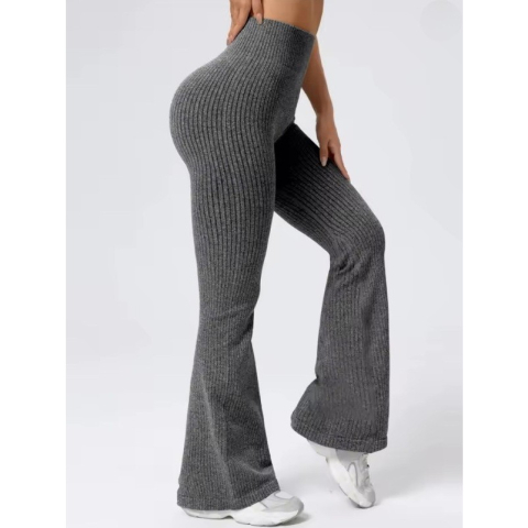 Pantaloni Sport de Dama, pentru Yoga, Talie Inalta, Evazati, Tricotati, Gri Inchis, Marime XL [2]