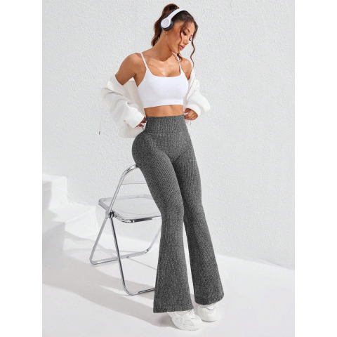 Pantaloni Sport de Dama, pentru Yoga, Talie Inalta, Evazati, Tricotati, Gri Inchis, Marime XS [4]
