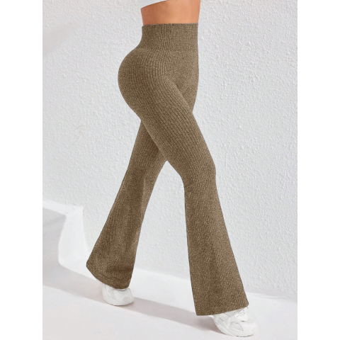 Pantaloni Sport de Dama, pentru Yoga, Talie Inalta, Evazati, Tricotati, Khaki, Marime S [1]