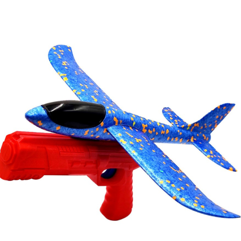 Articole pentru Copii - Pistol cu Lansator de Avion, din Polistiren+Plastic, +3 Ani, Avion 38 cm, Lansare 10 m, Rosu/Albastru