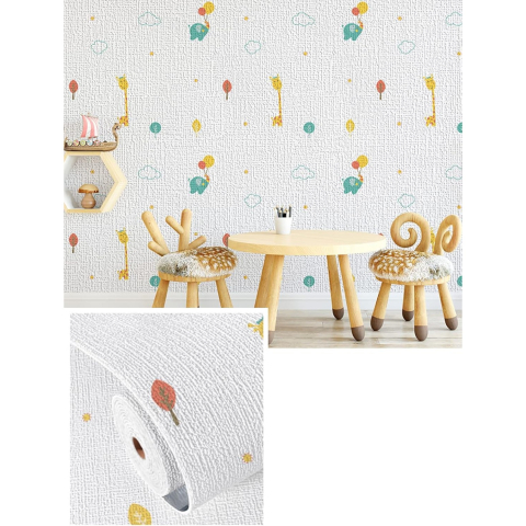 Tapet 3D Autoadeziv - Rola Autoadeziva pentru Perete, din Panza, 10 m, Rezistenta la Umezeala, 2.5 mm Grosime, Model Girafa si Elefant, Multicolor