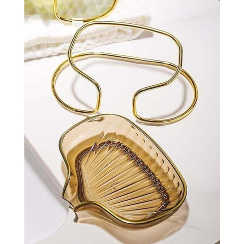 Savoniera cu Suport, Sistem de Scurgere a Apei, Margine Aurie, 14 x 8.5 x 9 cm, din TPE, Auriu [3]