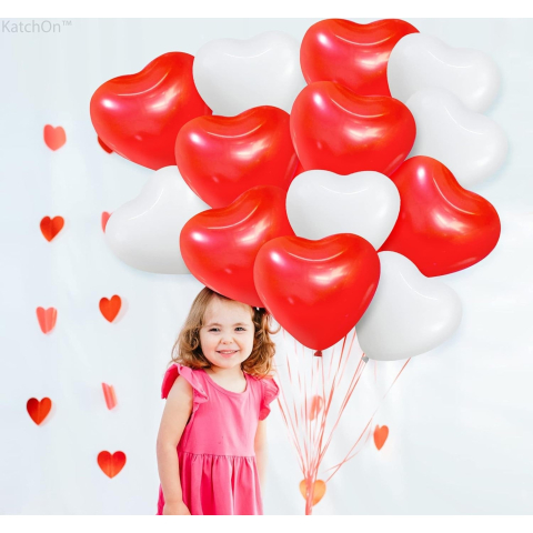 Set 10 Baloane, Flippy, Model Inima, din Latex, 25 cm, Alb/Rosu [3]