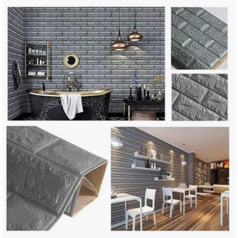 Set 10 Placi de Tapet, Autoadezive, 70 x 77 cm, 2.5 mm Grosime, Suprafata Acoperita 5.3 mp, din PVC, Model Caramida, Argintiu [1]