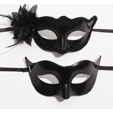 Costume si Deghizare - Set 2 Masti de Cuplu, pentru Carnaval, Bal Mascat, Marime Universala, Model Floare Laterala si Margele, Model Clasic Fluture, Negru