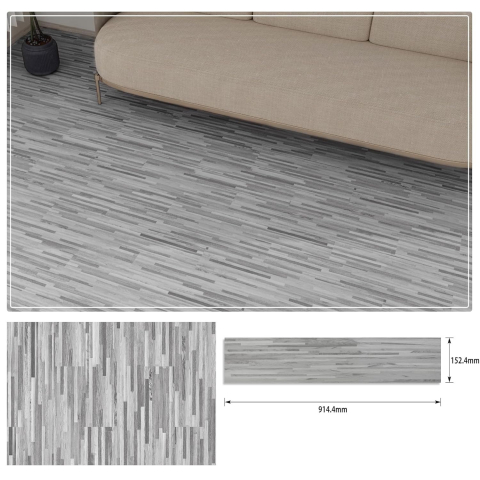 Set 36 Placi Autoadezive pentru Pardoseala, din PVC, Impermeabil, Ignifug, Usor de Curatat, Dimensiune Placa 91.44 x 15.24 cm, Grosime 1.5 mm, Acoperire 5 m2, Model 4, Gri [1]