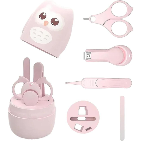 Set 4 Piese Ingrijire Unghii Bebelusi, din ABS+Otel Inoxidabil, Cutie de Depozitare Tip Bufnita, de la 0 Luni, 11.5 x 5 x 11.5 cm, Roz [5]