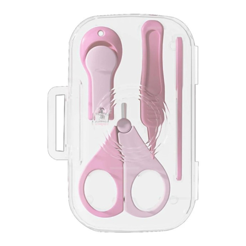 Ingrijire Unghii - Set 4in1 de Ingrijire Unghii pentru Bebelusi, Cutie de Depozitare Texturata, 0-6 Ani, 13.6x8x2 cm, Roz