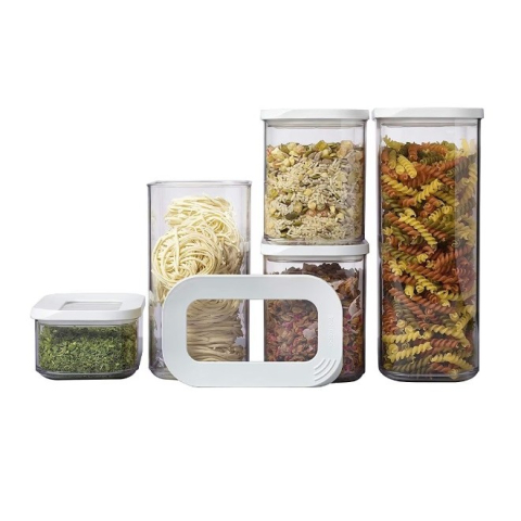 Organizatoare si Depozitare Bucatarie - Set 5 Cutii de Depozitare Alimente, Capac Alb, din ABS+Silicon, 23 x 15 x 27 cm, Transparent