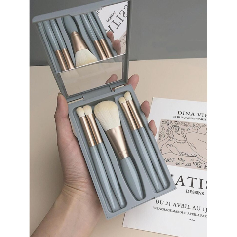 Set 5 Pensule de Machiaj cu Peri Moi, cu Suport pentru Depozitare si Oglinda, Albastru [3]