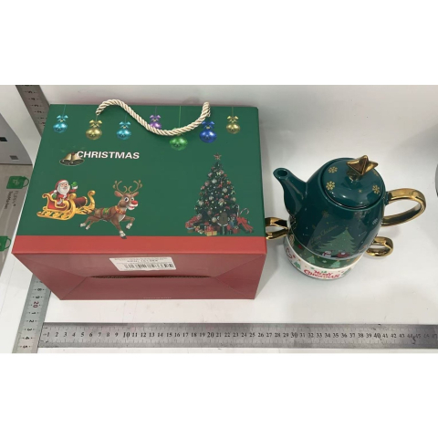 Set de Ceai, Tema Craciun, Ceainic 450 ml, 2 x Cani 250 ml, din Ceramica, Model Brad, Verde/Turcoaz [5]