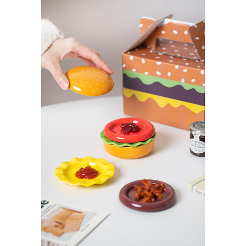 Set Farfurii Ceramice sub Forma de Burger, din Ceramica, pentru Sosuri si Gustari, Mini Farfurii Stivuibile, Multicolor [3]