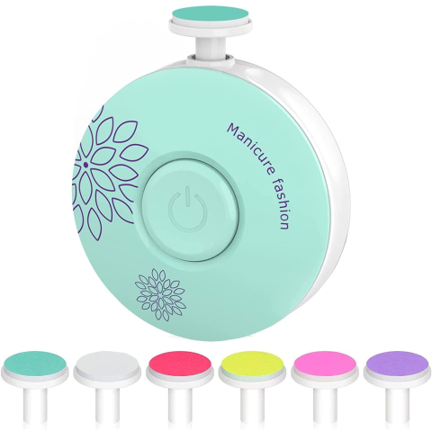 Ingrijire Unghii - Set Pila Electrica pentru Copii si Bebelusi, ABS, Incarcare USB, Model cu Flori, 6 Accesorii, cu Lumina LED, Verde