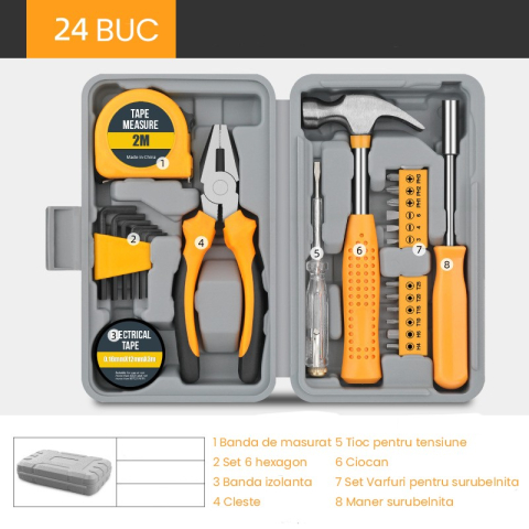 Set Scule 24 piese pentru Uz Casnic, Instrumente Set in Trusa de Plastic Gri, din Plastic si Metal, 20 x 12.5 x 3 cm, Galben [1]