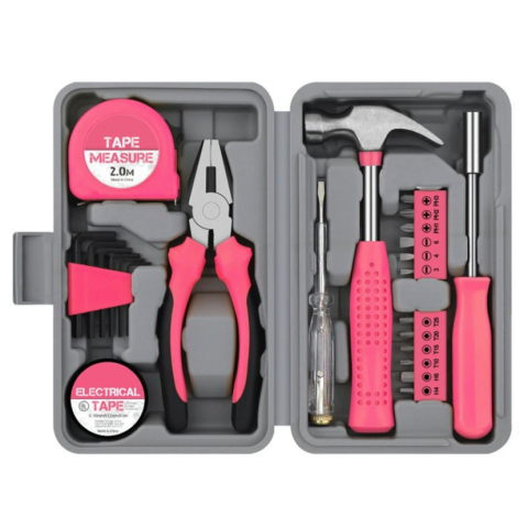 Casa si Bricolaj - Set Scule 24 piese pentru Uz Casnic, Instrumente Set in Trusa de Plastic Gri, din Plastic si Metal, 20 x 12.5 x 3 cm, Roz