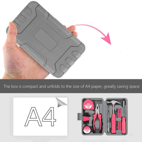 Set Scule 24 piese pentru Uz Casnic, Instrumente Set in Trusa de Plastic Gri, din Plastic si Metal, 20 x 12.5 x 3 cm, Roz [3]