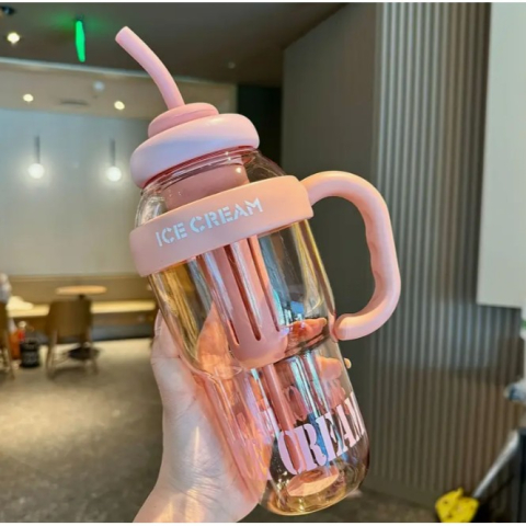 Sticla de Apa, Termica, Mentinere 6 Ore, 1400 mL, cu Pai si Capac, PP si Silicon, cu Maner Alb, 25.5x7.5 cm, Roz Deschis [6]