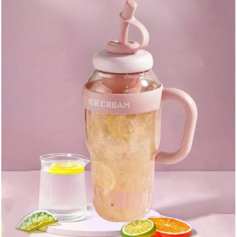 Sticla de Apa, Termica, Mentinere 6 Ore, 1400 mL, cu Pai si Capac, PP si Silicon, cu Maner Alb, 25.5x7.5 cm, Roz Deschis [8]