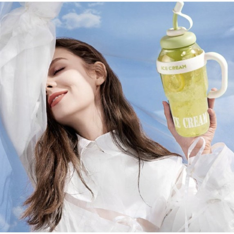 Sticla de Apa, Termica, Mentinere 6 Ore, 1400 mL, cu Pai si Capac, PP si Silicon, cu Maner Alb, 25.5x7.5 cm, Verde [6]