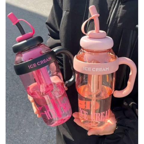 Sticla de Apa, Termica, Mentinere 6 Ore, 1400 mL, cu Pai si Capac, PP si Silicon, cu Maner Negru, 25.5x7.5 cm, Roz [3]