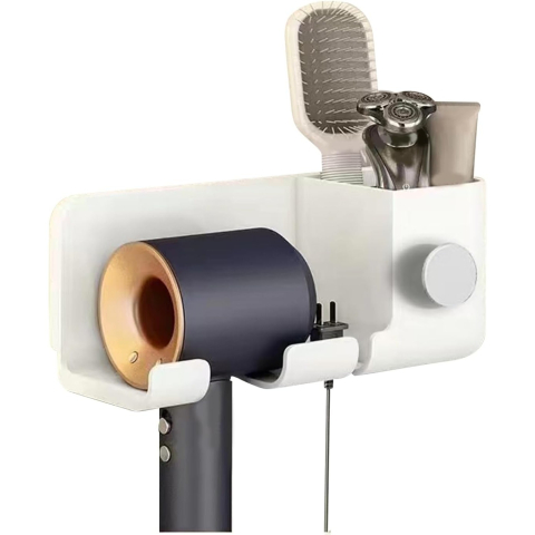 Articole pentru baie - Suport de Baie, pentru Uscator de Par, cu Organizator Dublu, din Plastic, Aplicare cu Suport Adeziv, 23 x 8.8 x 9.5 cm, Alb