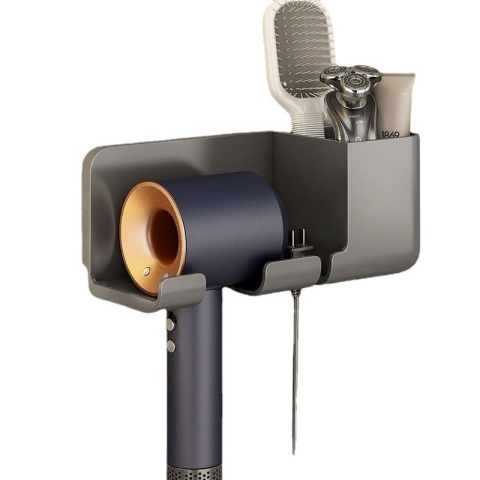 Articole pentru baie - Suport de Baie, pentru Uscator de Par, cu Organizator Dublu, din Plastic, Aplicare cu Suport Adeziv, 23 x 8.8 x 9.5 cm, Negru