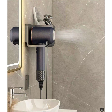 Suport de Baie, pentru Uscator de Par, cu Organizator Dublu, din Plastic, Aplicare cu Suport Adeziv, 23 x 8.8 x 9.5 cm, Negru [4]