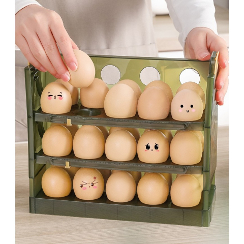 Suport Organizator pentru Oua, pentru Frigider, Verde transparent, Capacitate 30 oua, Trei straturi, cu Data de Expirare, 25.5x10x23 cm [4]